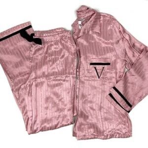 VICTORIA’S SECRET PINK SATIN STRIPED LONG SLEEVE PJ SET WITH LOGO